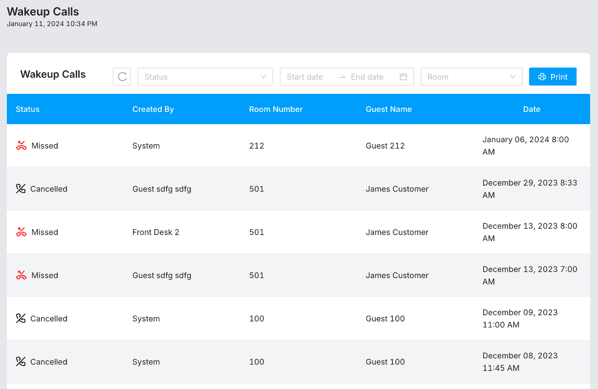 PhoneSuite wake-up call history with room, date, and status filters