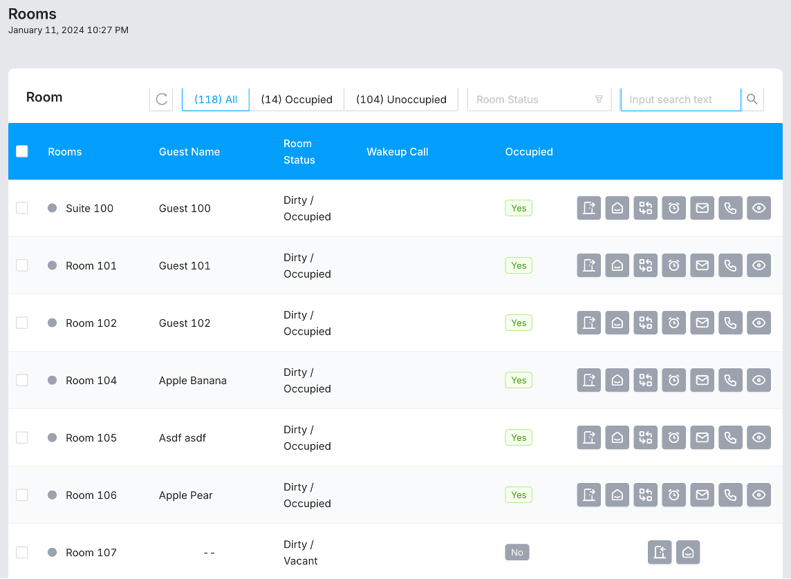 PhoneSuite room list showing guest information, room status, and wake-up call controls