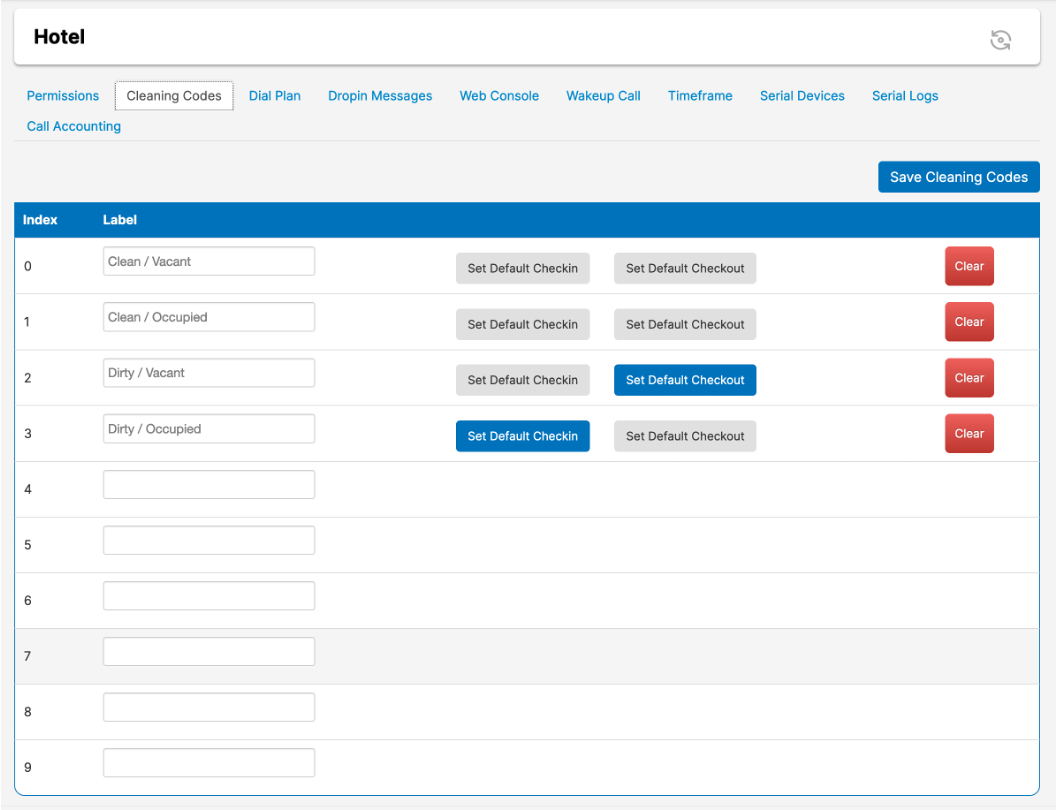 PhoneSuite hotel cleaning-code settings and check-in and check-out defaults